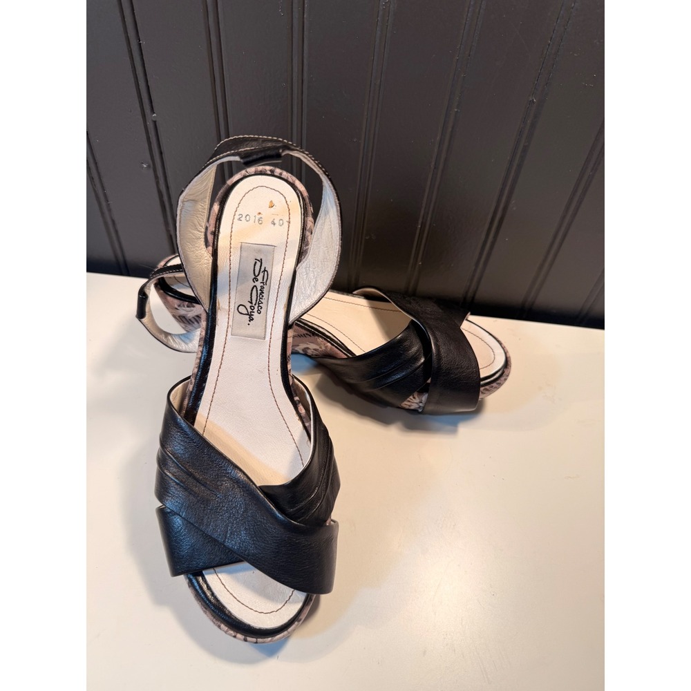Francisco De Goya Black Leather Newspaper Print Wedge Slingback Sandals Size 40